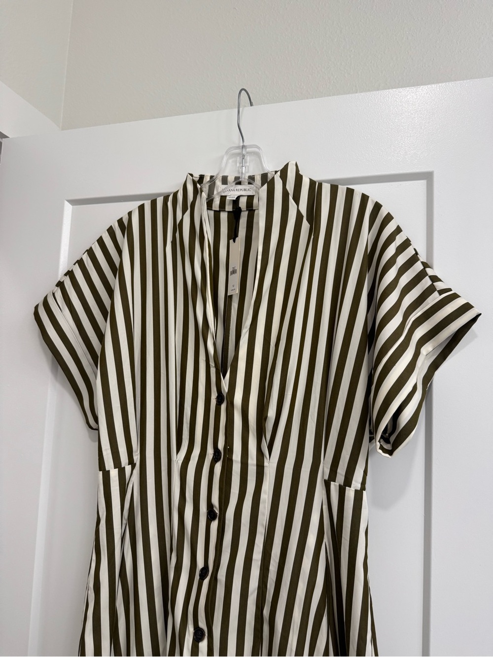 Striped Button-Front Midi Dress in Olive and Cream - Picture 4 of 5